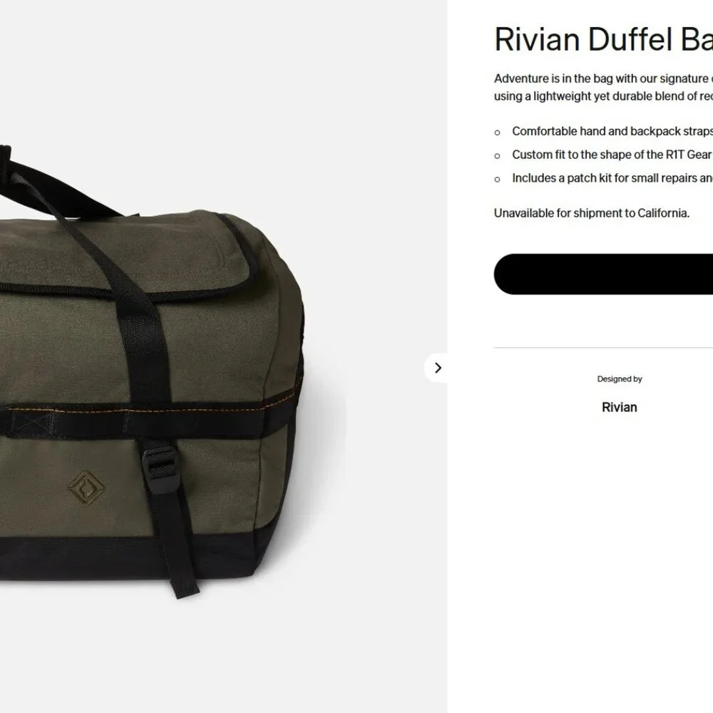Rivian Duffel + Packing Cube Set – Forest Edge, CA Exclusive – Brand New